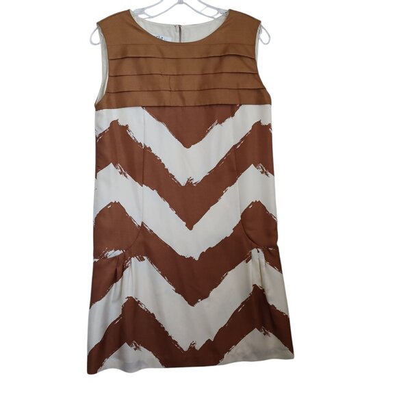 Tibi New York Silk Dress Brown Cream Shift Style Popover Lined Womens 2 - Picture 1 of 12